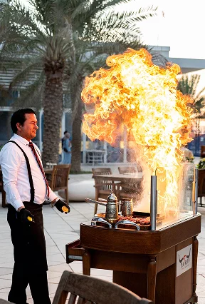 Chef in white shirt performing a dramatic flambé fire show at an outdoor BBQ station.