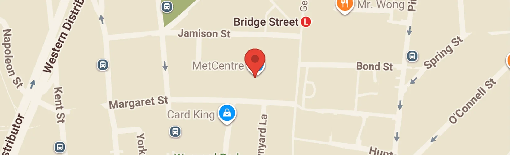 Map showing the restaurant location in central Sydney near Bridge Street, Bond Street and Margaret Street.
